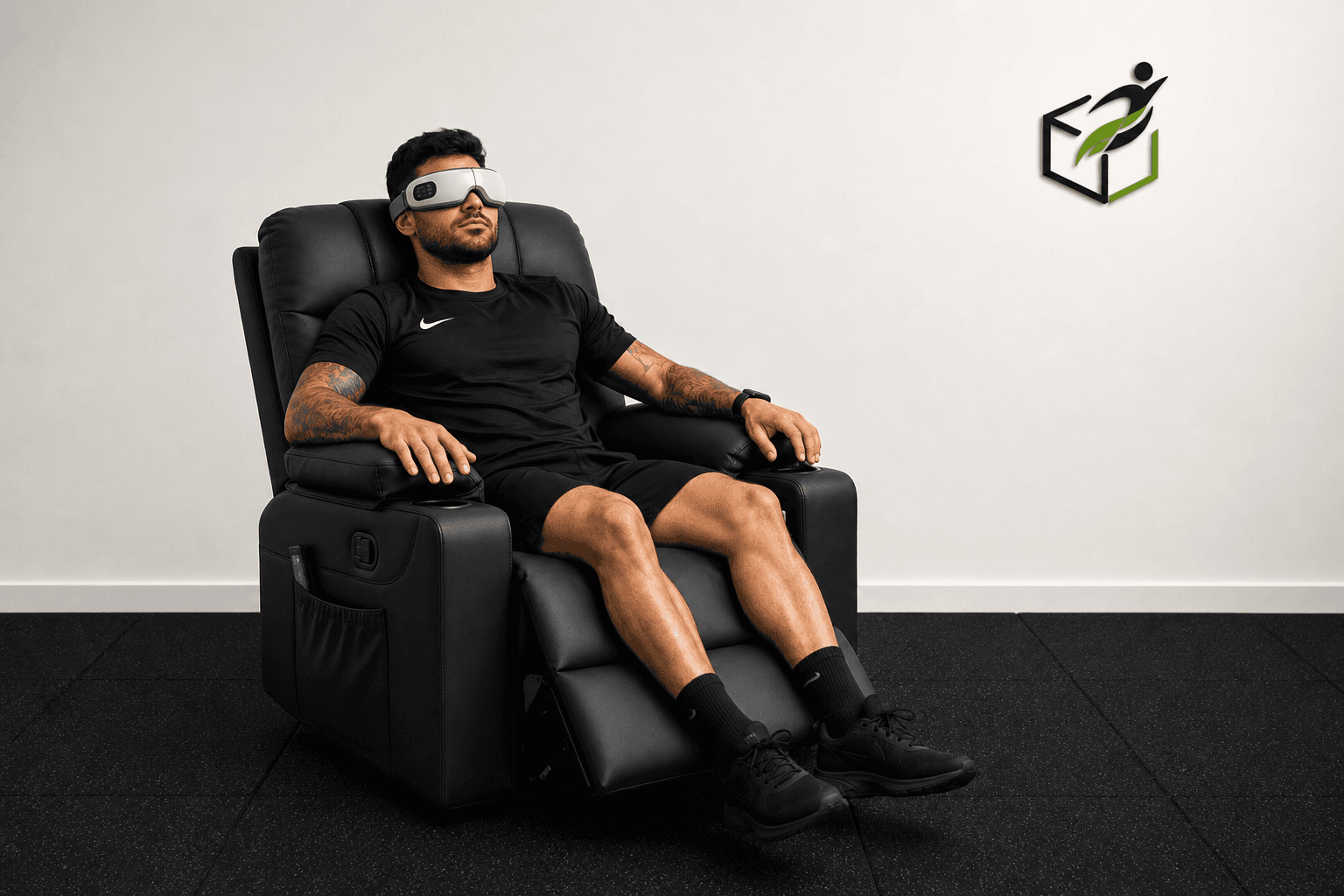 Persona con masajeador ocular relajándose en Recovery Box