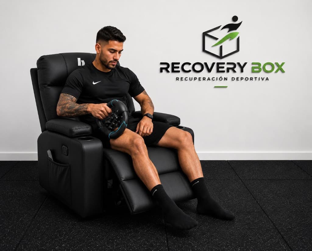 Persona usando pistola de masajes en Recovery Box